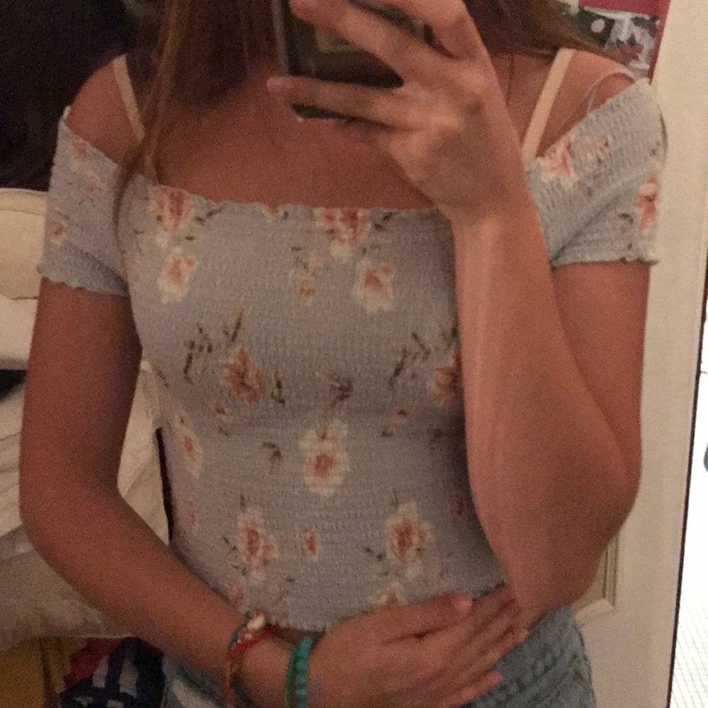 blue floral off the shoulder top